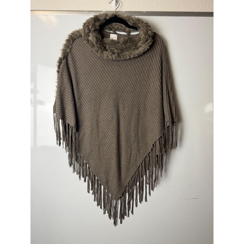 Chico's Women Taupe Brown Faux Fur Trim Fringed Knit Poncho Wrap One Size